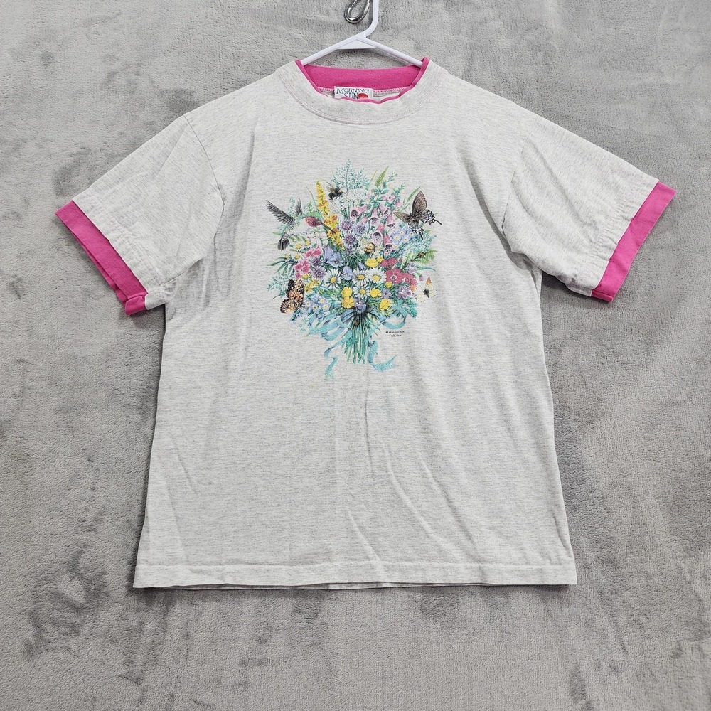 Vintage Morning Sun Shirt Womens M Gray Pink Floral Butterfly Ringer T-Shirt USA